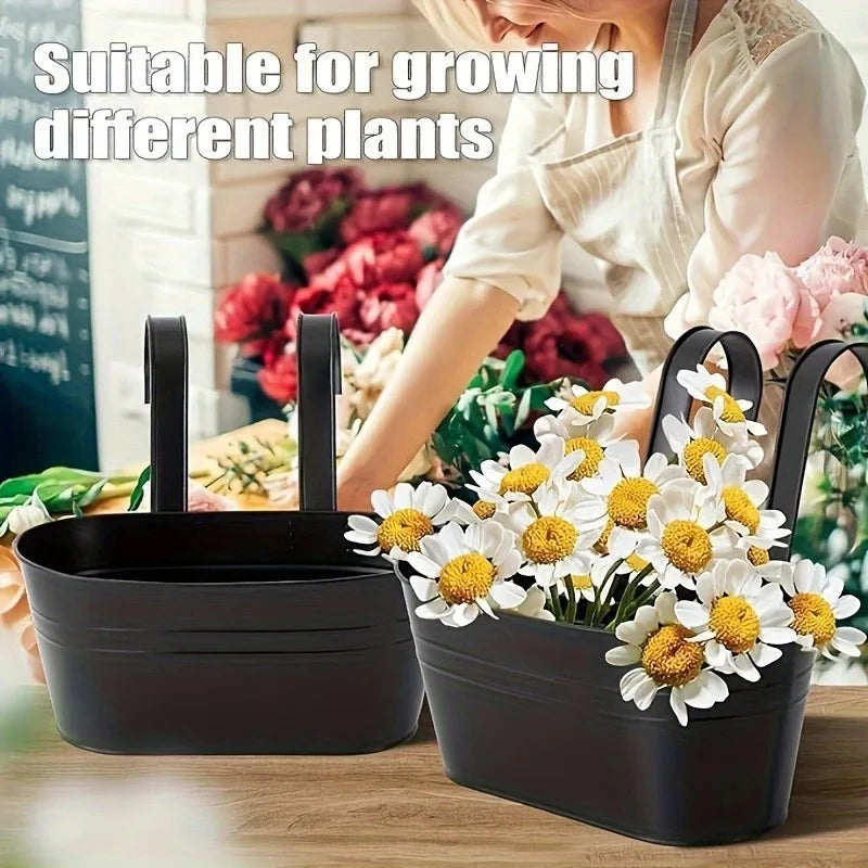 Iron Hanging Flower Pots Hanging Planters for Outdoor Plants Metal Railing Fence Planter with Drainage Holes and Hooks