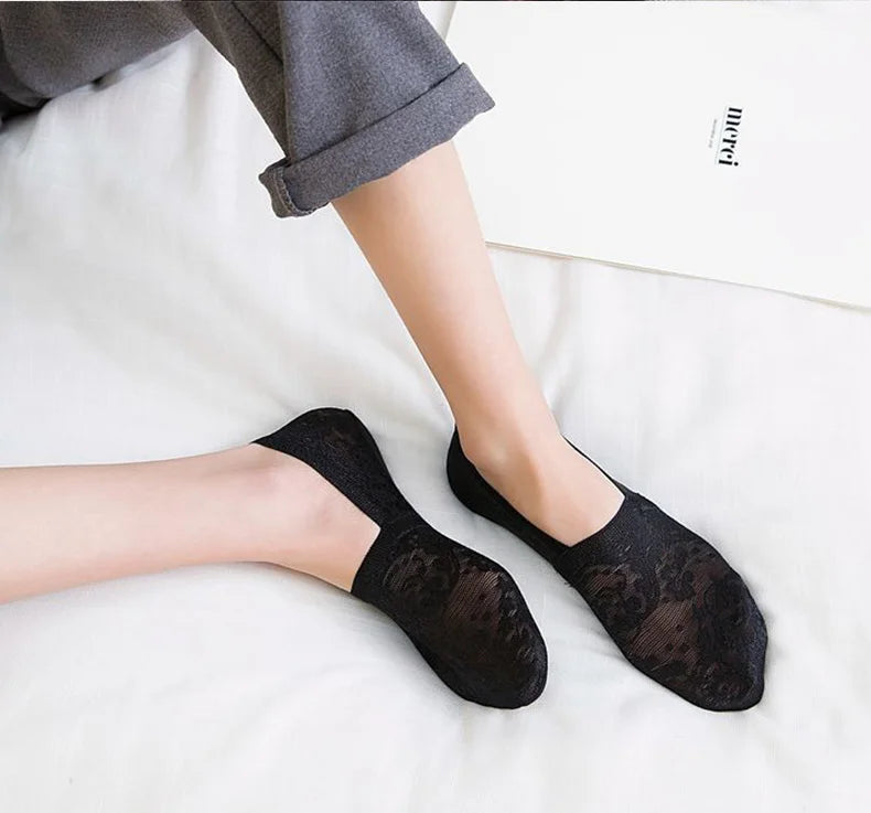 5 Pairs/Lot Socks Women's Fashion Lace Flower Summer Invisible Short No-Show Foot Ankle Set Antiskid White Boat Sock