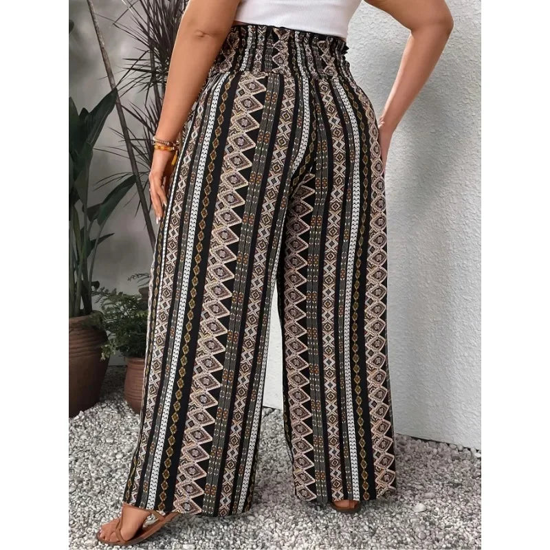 Plus Size Women's Fashionable Full Body Printed Wide Leg Pants