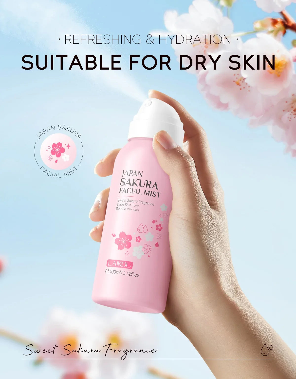 LAIKOU Sakura Facial Mist Toner Hydrating Moisturize Gentle Repair Brightening Skin Improve Glow Serum Toner Spray 100ml