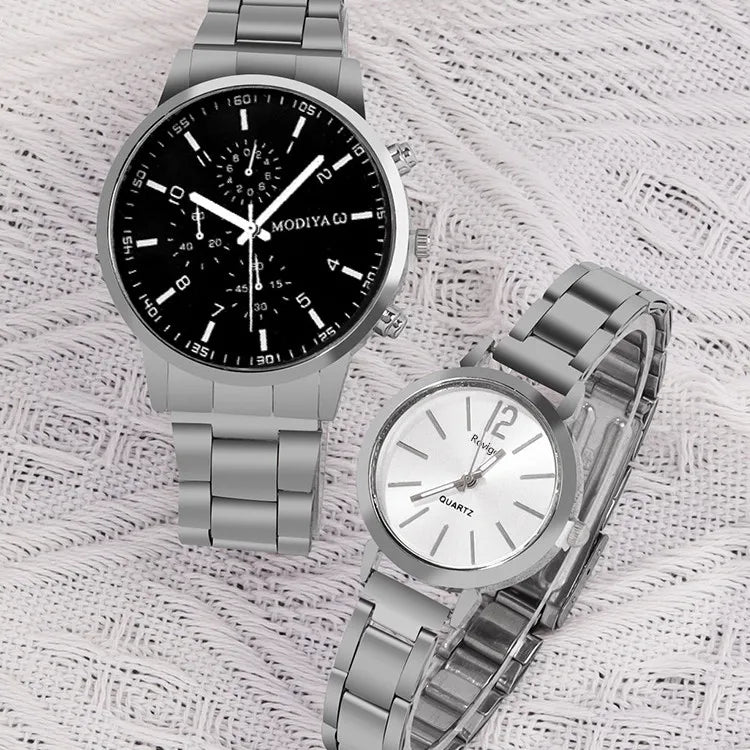 Kegllect 4PCSCouple Steel Strap Watch Heart Magnetic Necklace Set Round Dial Causal Quartz Watches for Man and Woman