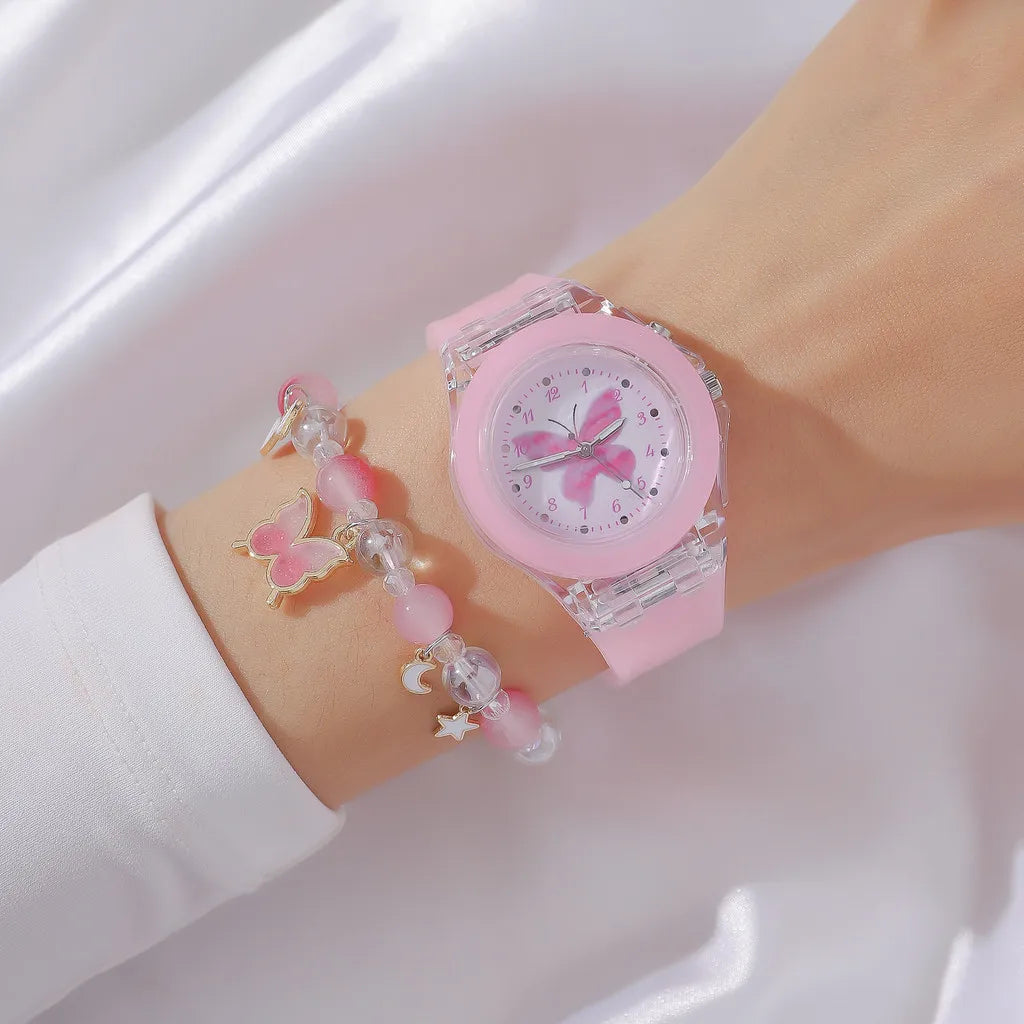 Luminoso Das Crianças Fofo Relógio Borboleta Padrão Silicone Quartzo Da Moda Conta Bracelete Conjunto