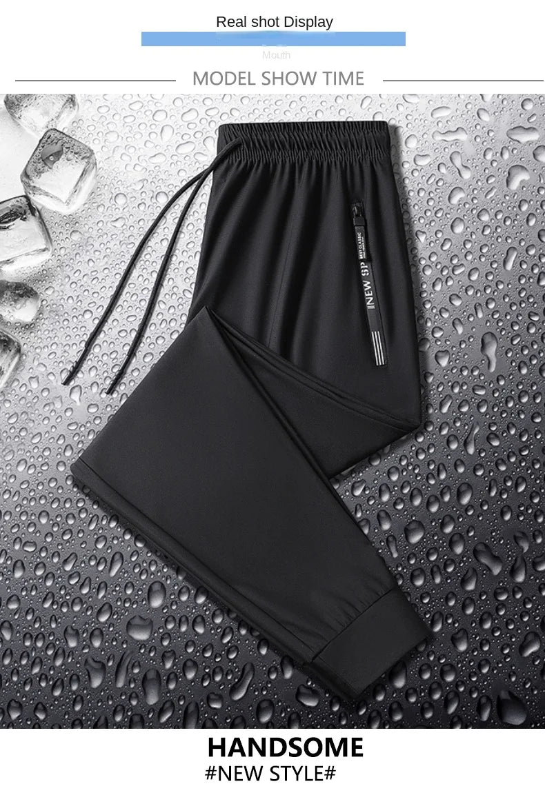 Summer Spring Men's Waist Drawstring Quick Dry High Stretch Solid Color Sports Training Outdoor Long Pants With Zipper Pockets