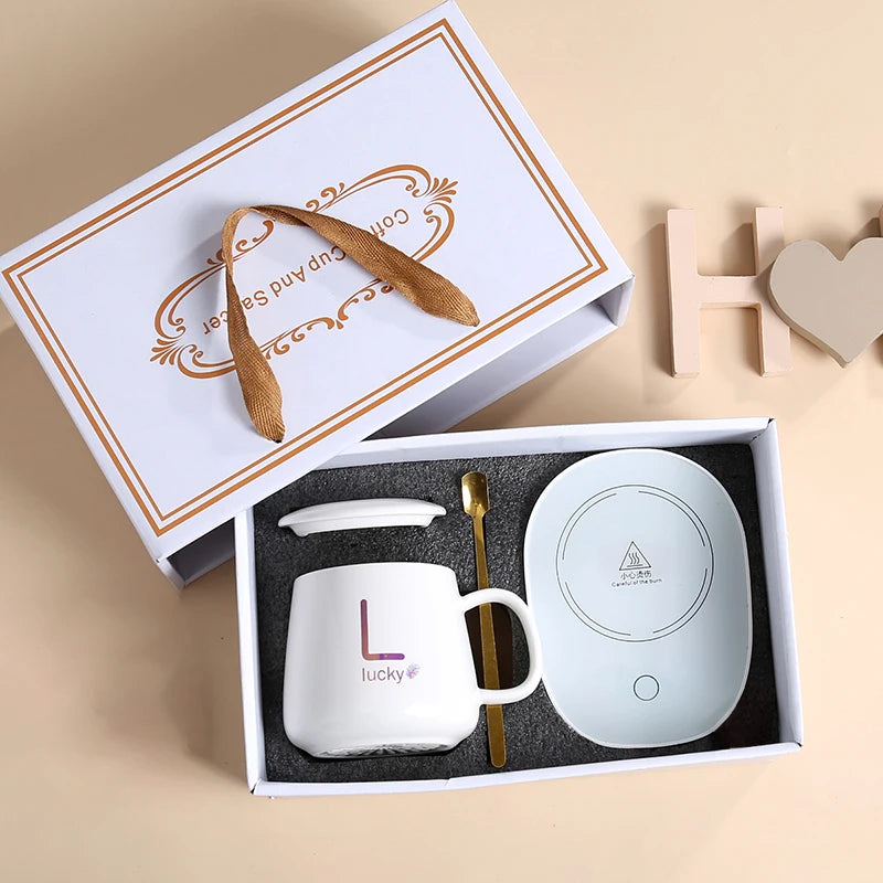 55 ℃ Thermostat Mugs Cup Ceramic Cup With Lid With Spoon Valentine's Day Gift Box Coffee Mug For Office Or Home Use Portable Mea