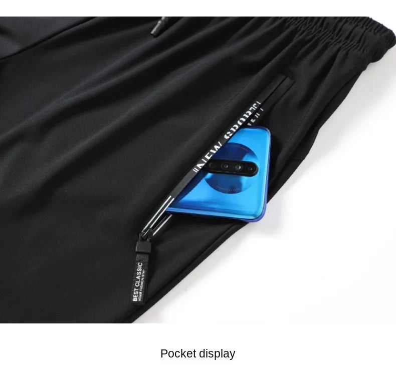Summer Spring Men's Waist Drawstring Quick Dry High Stretch Solid Color Sports Training Outdoor Long Pants With Zipper Pockets