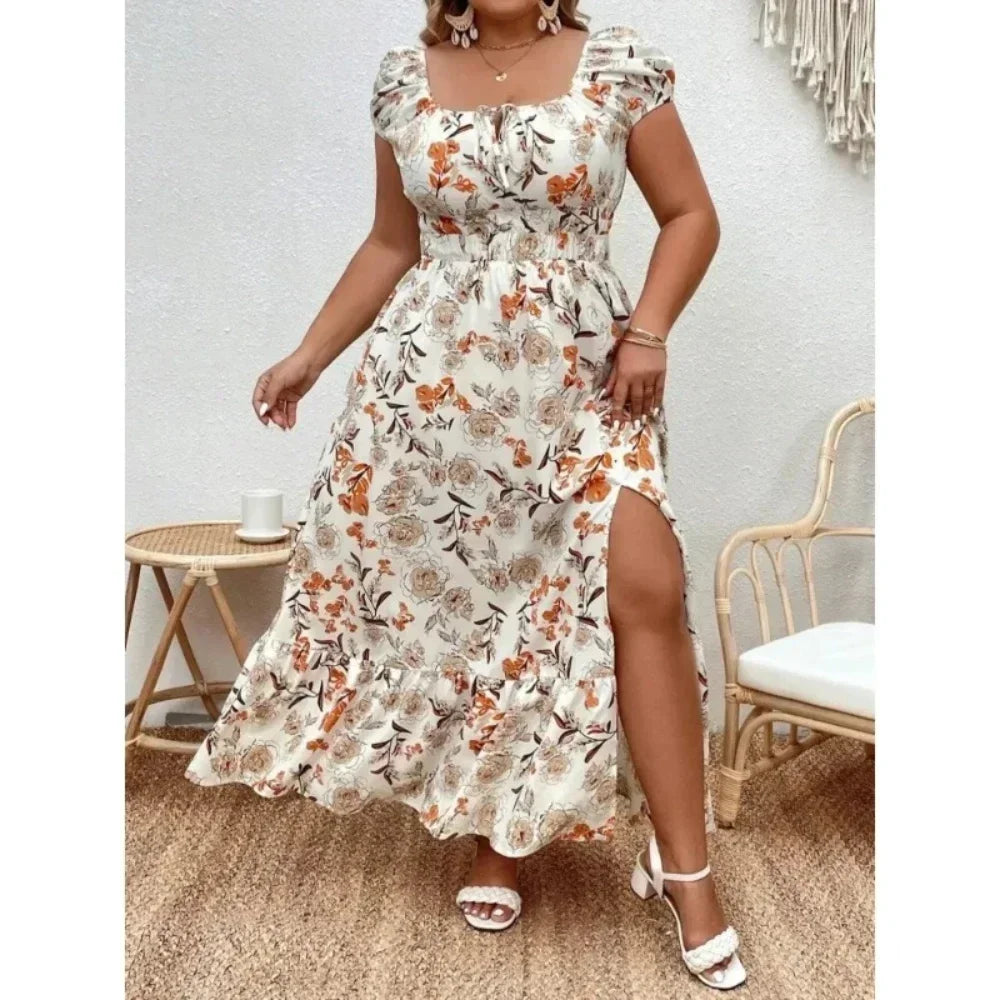 Elegant Women's 1-5XL Plus Size Suitable dress White Flower Casual Print design Loose long dress Summer versatile simple Dress