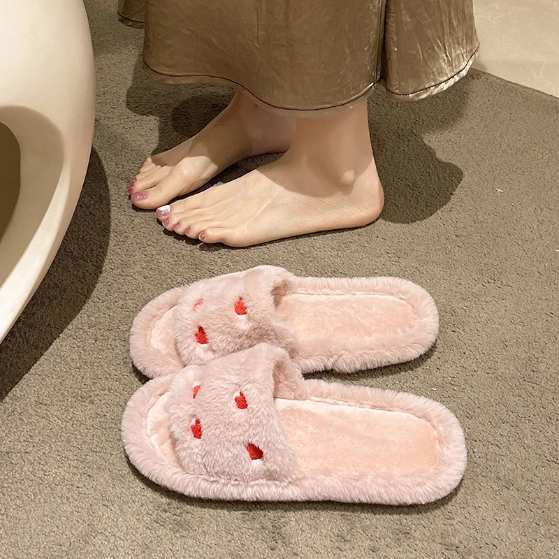 Fur Women Slippers Winter New Fashion Plush Shallow Mouth Indoor Outdoor Flip-flop Casual Bedroom Solid Color Slides Flat Shoes