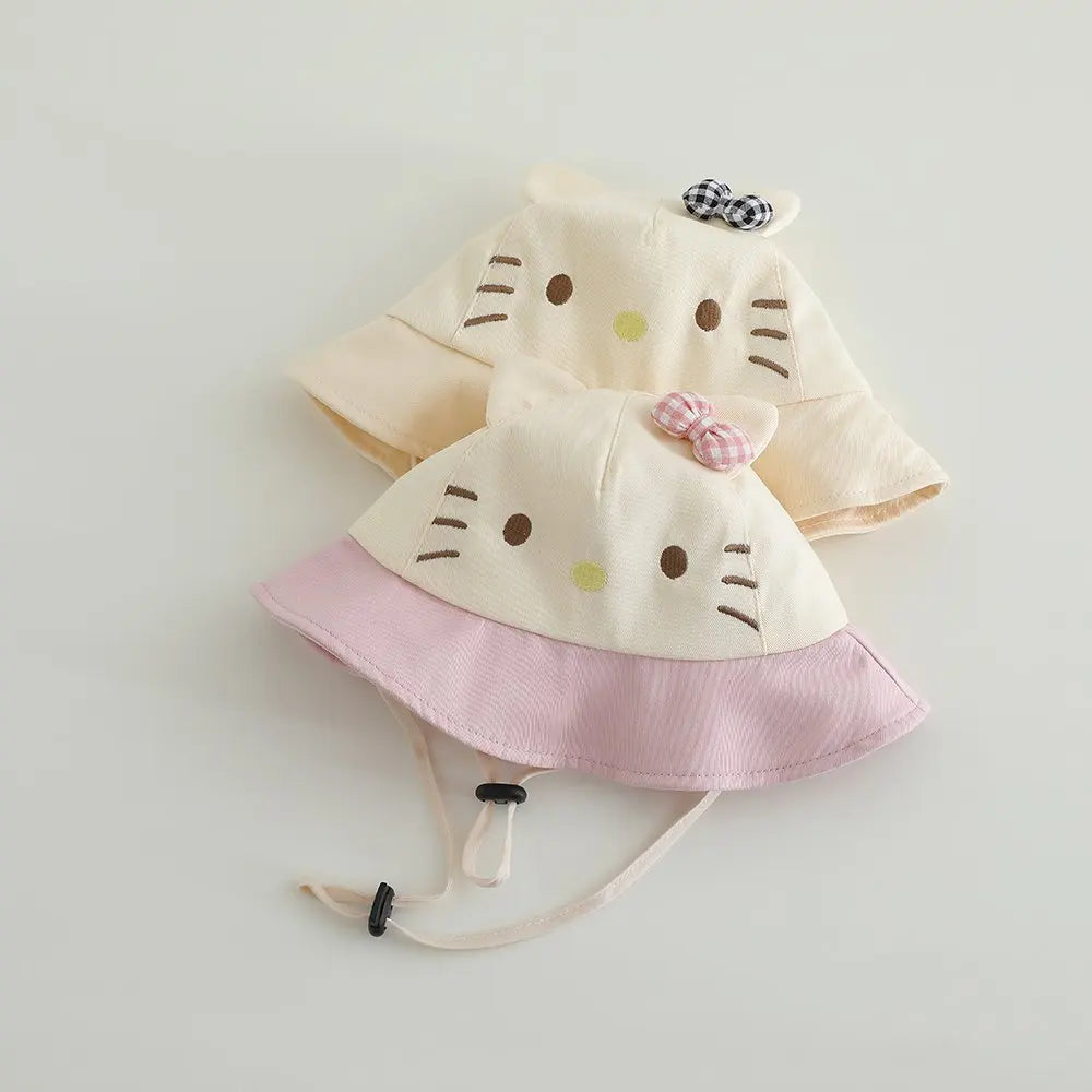 Panama Summer Cute Cat Bowknot Baby Bucket Hat for Girls Cotton Toddler Sun Cap Children Beach Sun Hat Kids UV Protection Cap