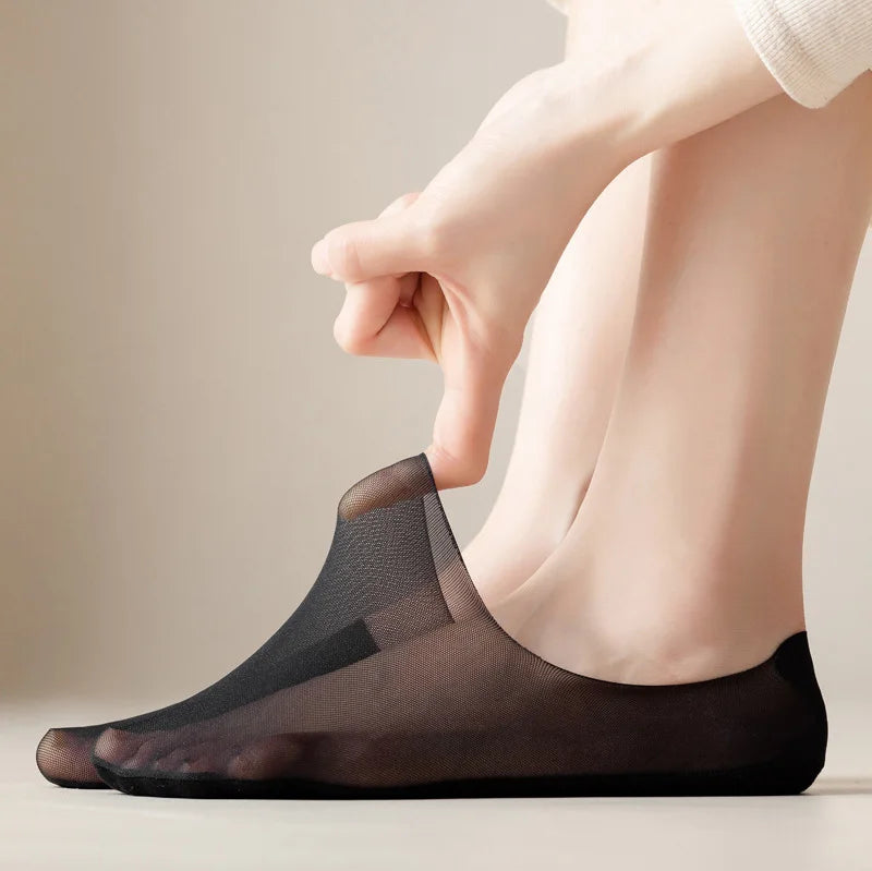 5 Pairs/Lot Socks Women's Summer Ultra-thin Invisible Low Cut Silicone Anti-slip Mesh No Show Ice Silk Solid Boat Socks