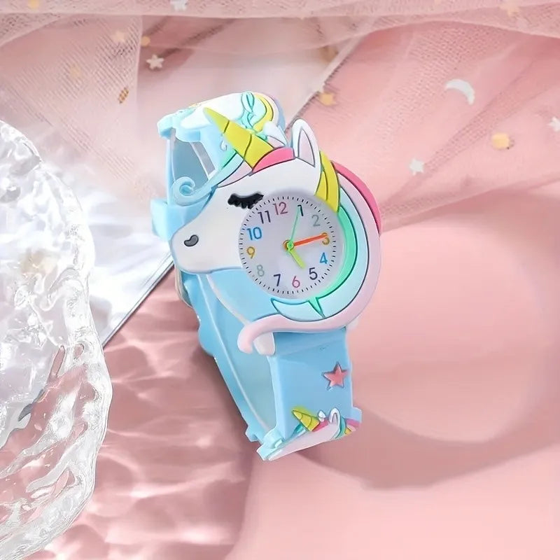 【Watch+Bracelet】Kegllect New Children's Cartoon Pattern Unicorn Silicone Bead Bracelet Set Student