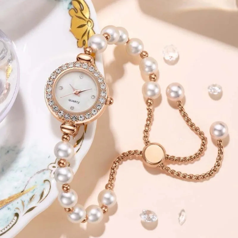 Kegllect Ladies Round Quartz Watch Women Luxury Pearl Bracelet Adjustable Strap Diamond Watches Jam Tangan Perempuan