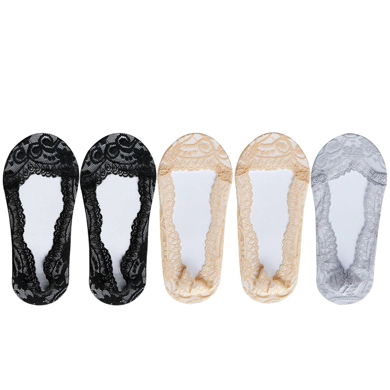 Socks For Women Summer Thin Fashion Lace Flower Invisible No Show Short Antiskid Ankle Socks Soft Boat Sock 5 Pairs