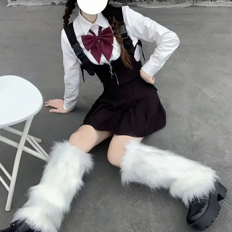Women's Artificial Fur Leg Warmers Japanese Lolita Autumn And Winter Black And White Knitted Socks Leg Warmers For Women