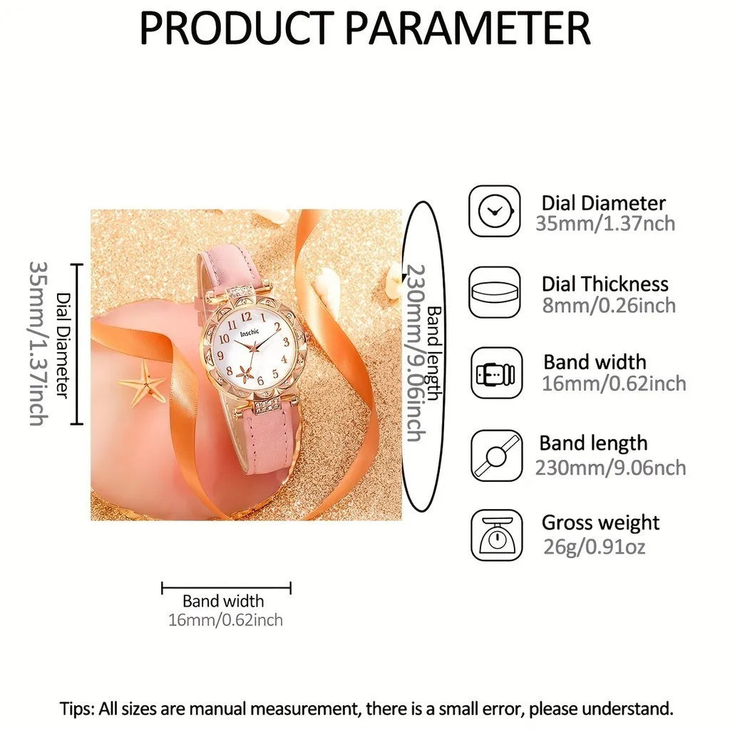 6pcs/set Women's Round Dial Watch Rhinestone Starfish Pattern Pink Belt Quartz Heart-shaped Jewelry Set
