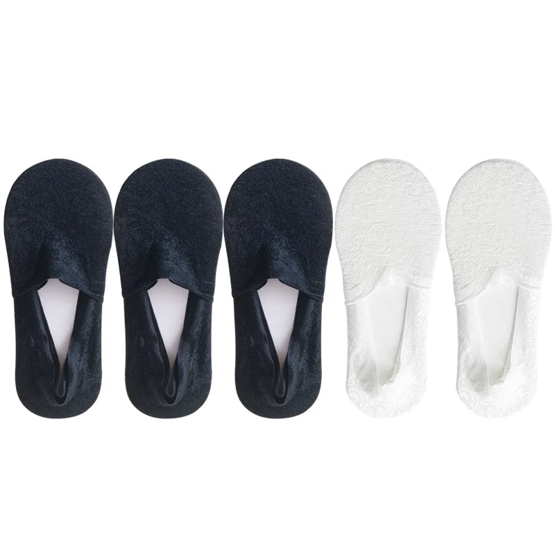 5 Pairs/Lot Socks Women's Fashion Lace Flower Summer Invisible Short No-Show Foot Ankle Set Antiskid White Boat Sock