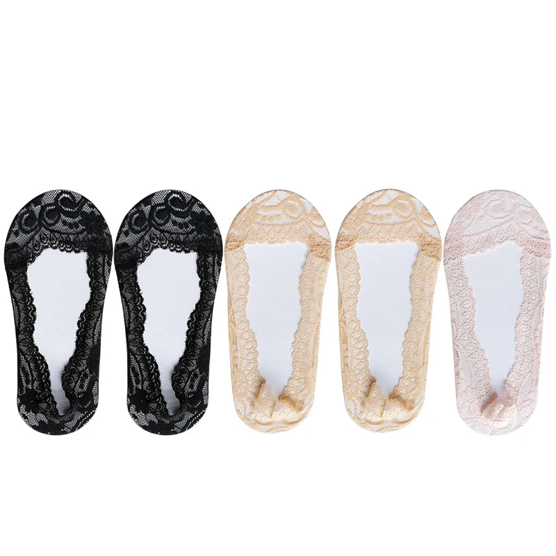 Socks For Women Summer Thin Fashion Lace Flower Invisible No Show Short Antiskid Ankle Socks Soft Boat Sock 5 Pairs