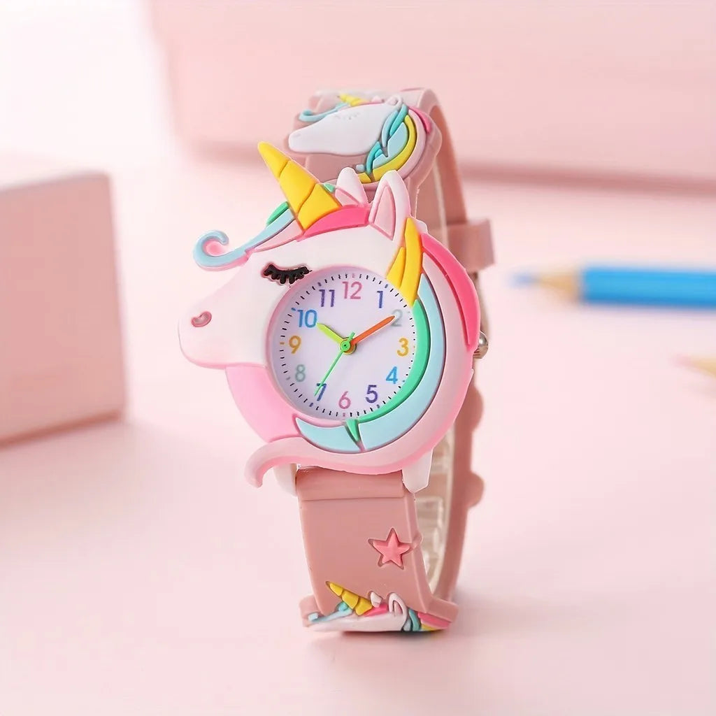 【Watch+Bracelet】Kegllect New Children's Cartoon Pattern Unicorn Silicone Bead Bracelet Set Student