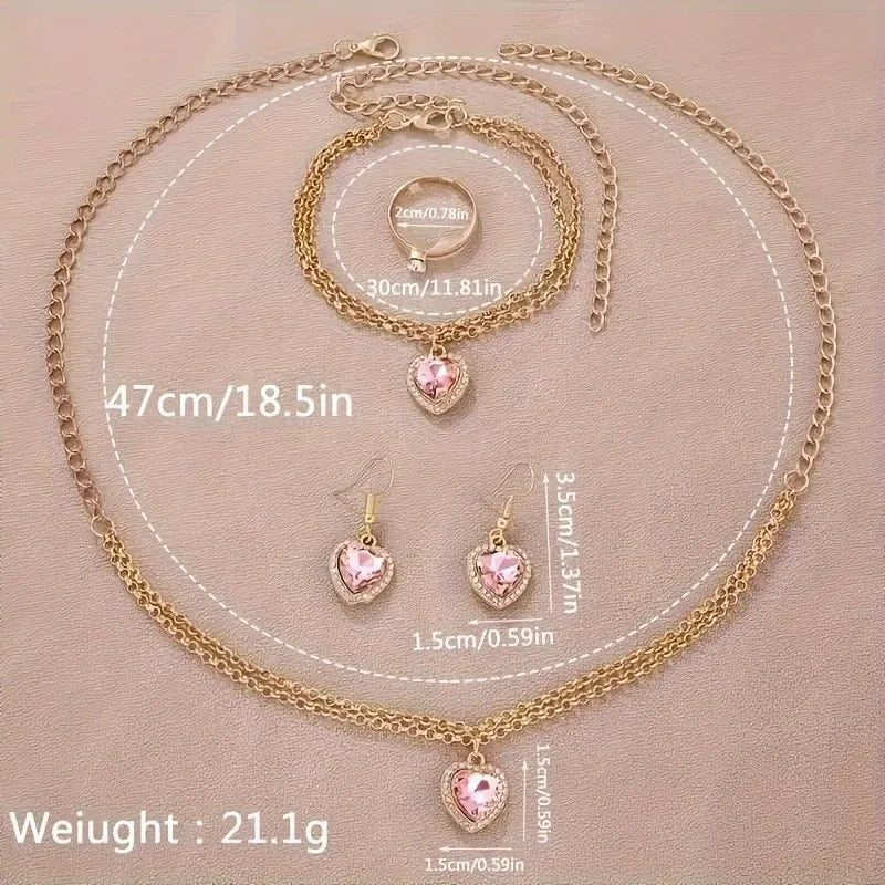 6pcs/set Women's Round Dial Watch Rhinestone Starfish Pattern Pink Belt Quartz Heart-shaped Jewelry Set