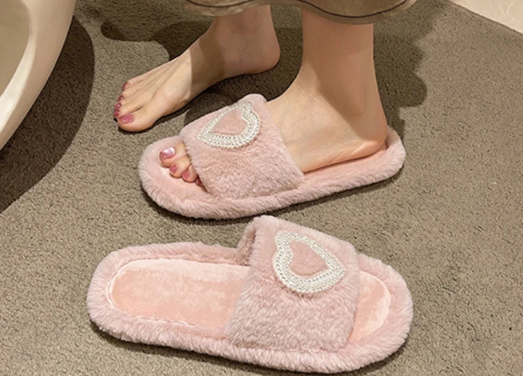 New Fashionable Hot Diamond Pearl Love Hair Cotton Slippers for Autumn and Winter Home slipper