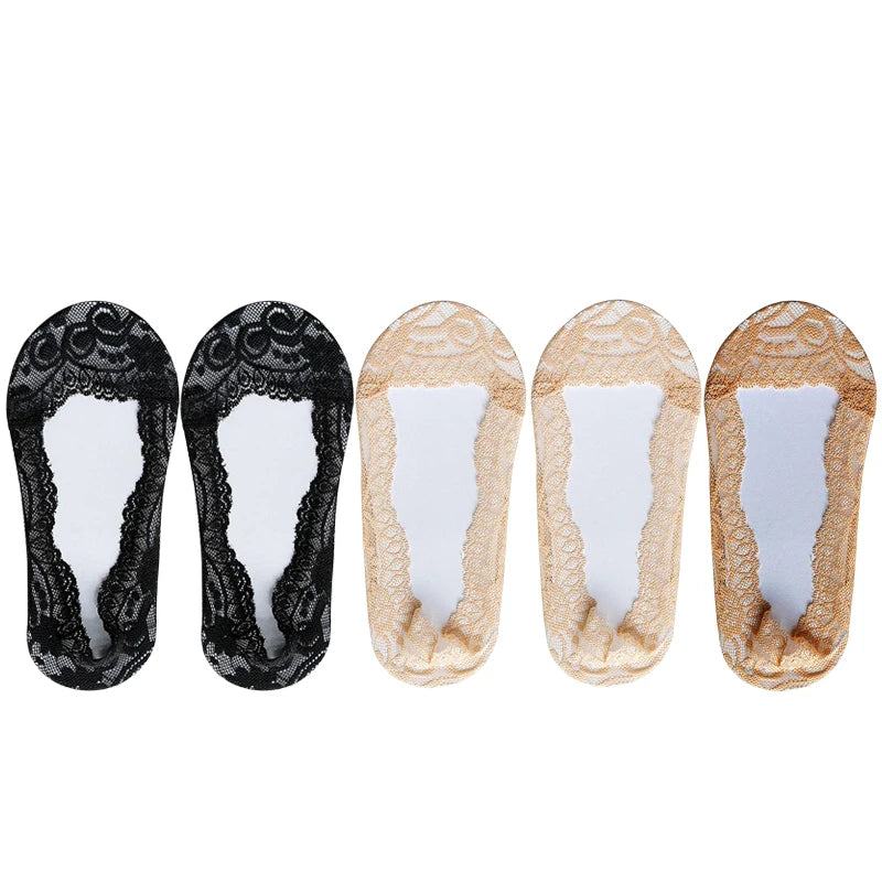 Socks For Women Summer Thin Fashion Lace Flower Invisible No Show Short Antiskid Ankle Socks Soft Boat Sock 5 Pairs