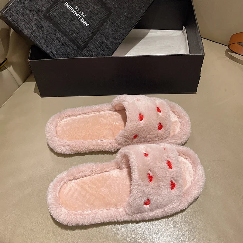 Fur Women Slippers Winter New Fashion Plush Shallow Mouth Indoor Outdoor Flip-flop Casual Bedroom Solid Color Slides Flat Shoes