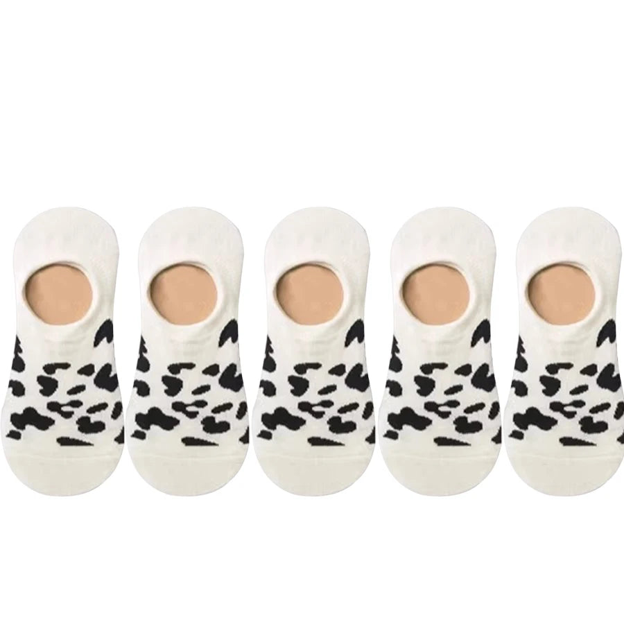 5 Pairs Women Invisible Boat Socks Spring Summer Leopard Print Fashion Wild Shallow Mouth Felmen Slipper Sock