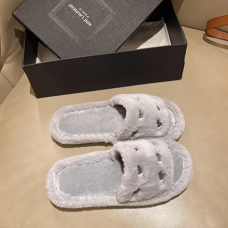 Fur Women Slippers Winter New Fashion Plush Shallow Mouth Indoor Outdoor Flip-flop Casual Bedroom Solid Color Slides Flat Shoes