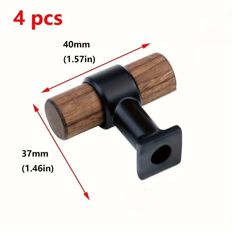 4pcs North American Black Walnut Color Furniture Handles Brass Door Pulls Solid Wooden Knobs T-Bar Kitchen Cabinet Wood Handle