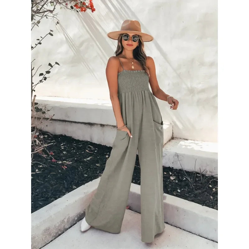 New Fashionable European and American Spring/summer Sexy Camisole Loose Casual Jumpsuit INS Vacation Wide Leg Jumpsuit