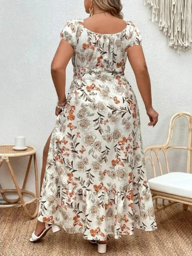 Elegant Women's 1-5XL Plus Size Suitable dress White Flower Casual Print design Loose long dress Summer versatile simple Dress