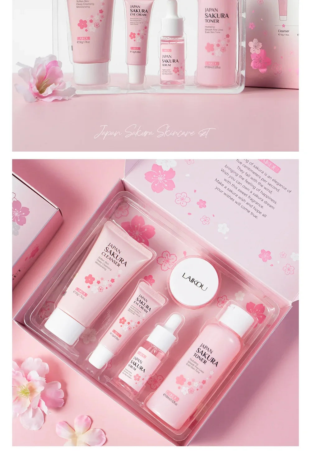 LAIKOU Sakura Kit Skin Care Sets Moisturizing and Reducing Fine Lines Cleansing Pore Product Korean Skincare Set 5-Piece