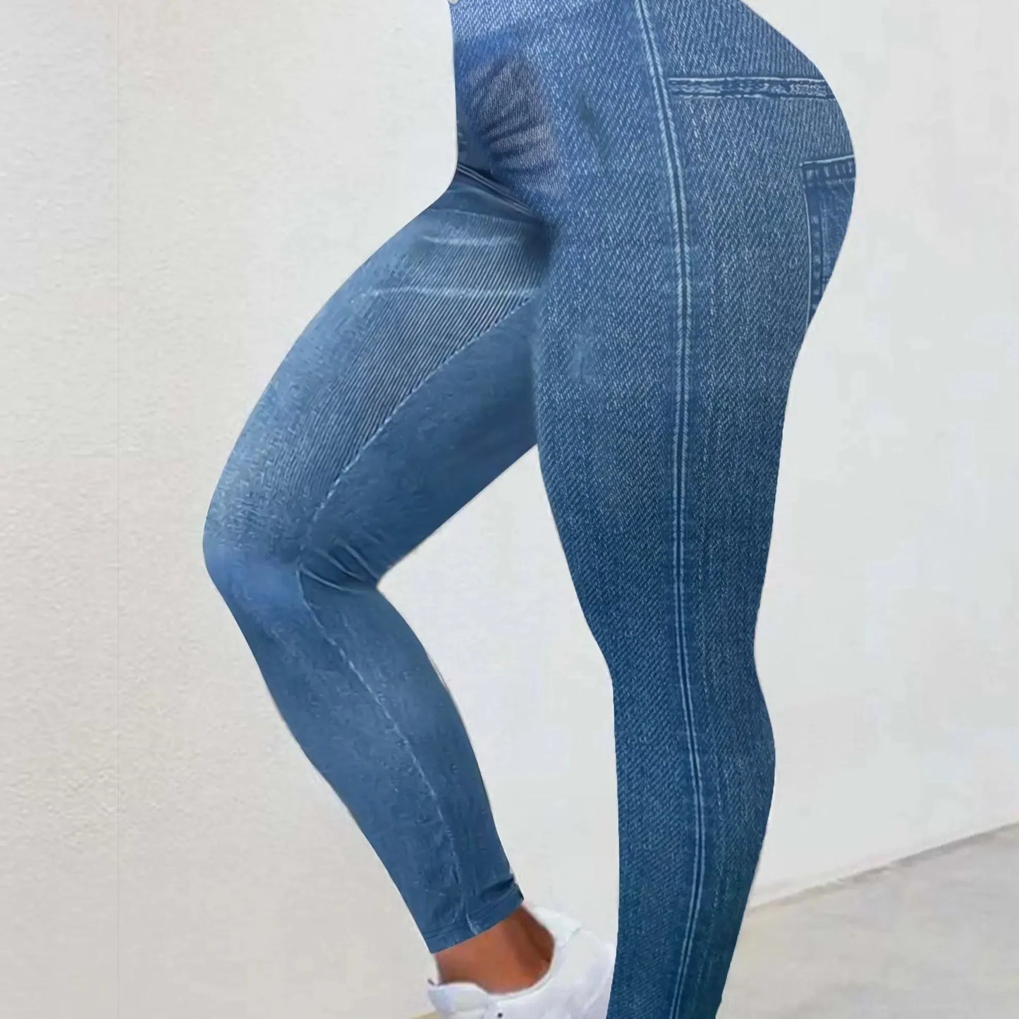 Women's Plus-size Casual Commuter Skinny Pants Fashion Imitation Denim High-waisted Printed Stretch Leggings