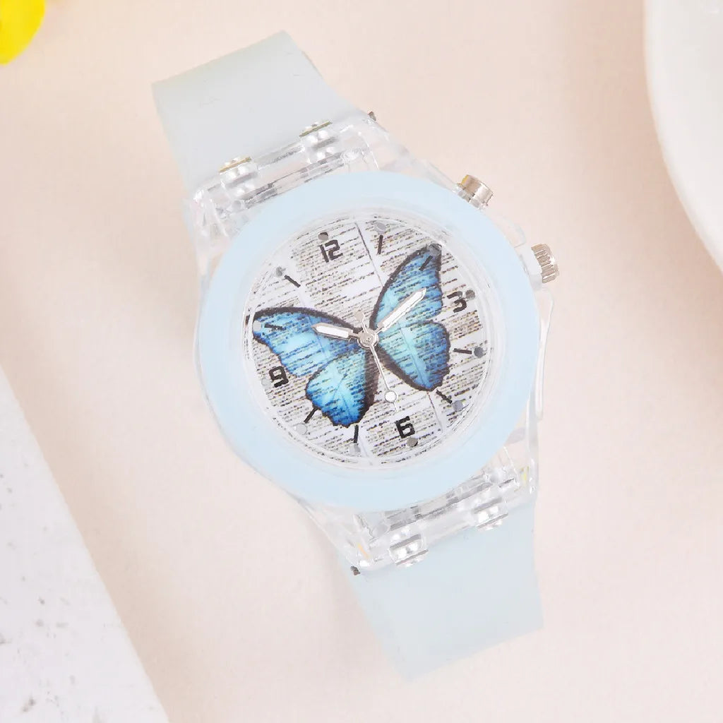 Luminoso Das Crianças Fofo Relógio Borboleta Padrão Silicone Quartzo Da Moda Conta Bracelete Conjunto