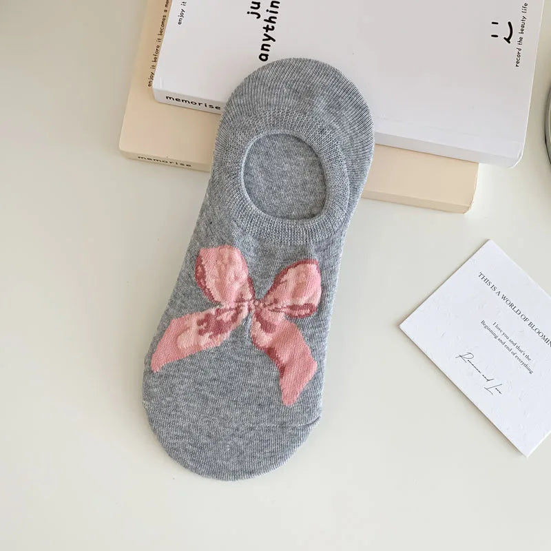 5 Pairs Summer Autumn Boat Socks For Women Non-slip Silicone Invisible Shallow Mouth Bow Socks Ankle Sock Slippers