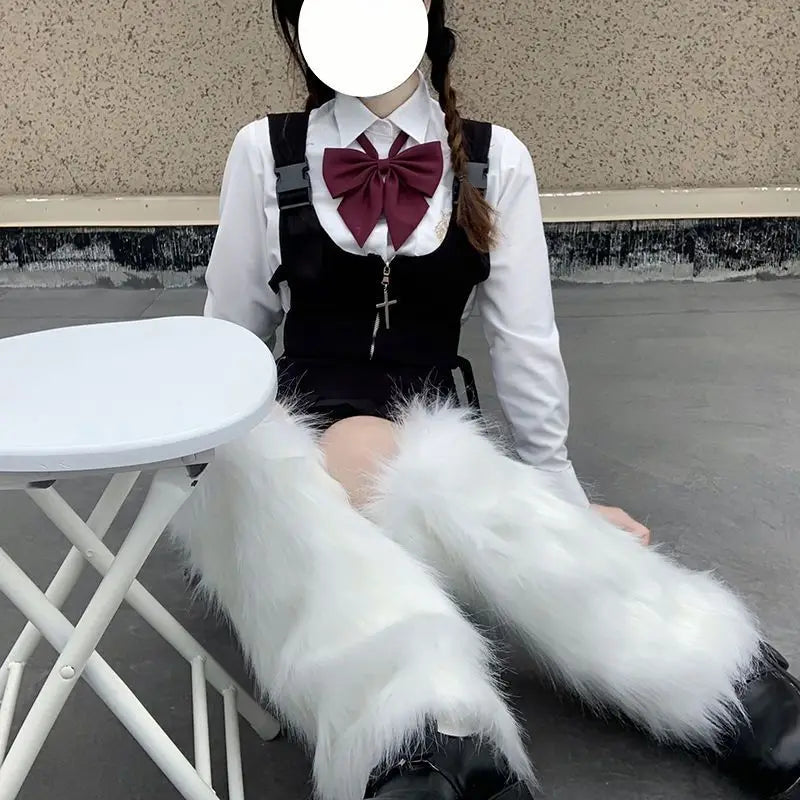 Women's Artificial Fur Leg Warmers Japanese Lolita Autumn And Winter Black And White Knitted Socks Leg Warmers For Women