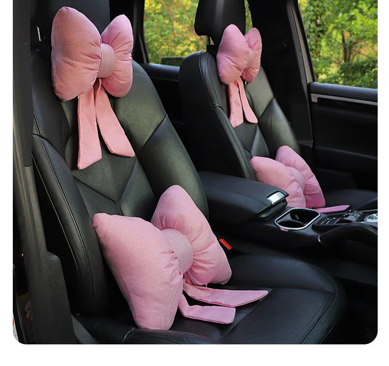 Fashion car headrest with bows cotton and linen pillow suitable for plaid's road trips and cute interior decorations