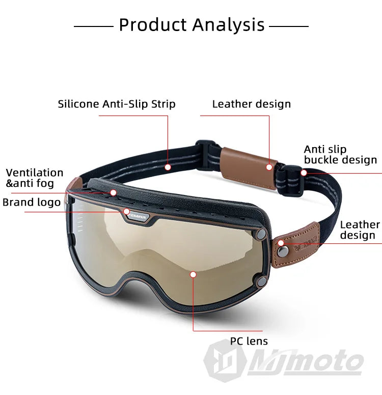 VEMAR Retro Motorcycle Goggles Windproof Anti-fog Glasses For Motorcycle Helmet Moto Sports Cycling Cafe Racer Chopper Goggles