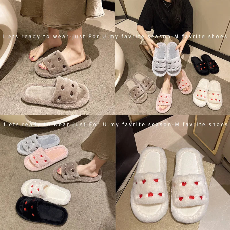 Fur Women Slippers Winter New Fashion Plush Shallow Mouth Indoor Outdoor Flip-flop Casual Bedroom Solid Color Slides Flat Shoes