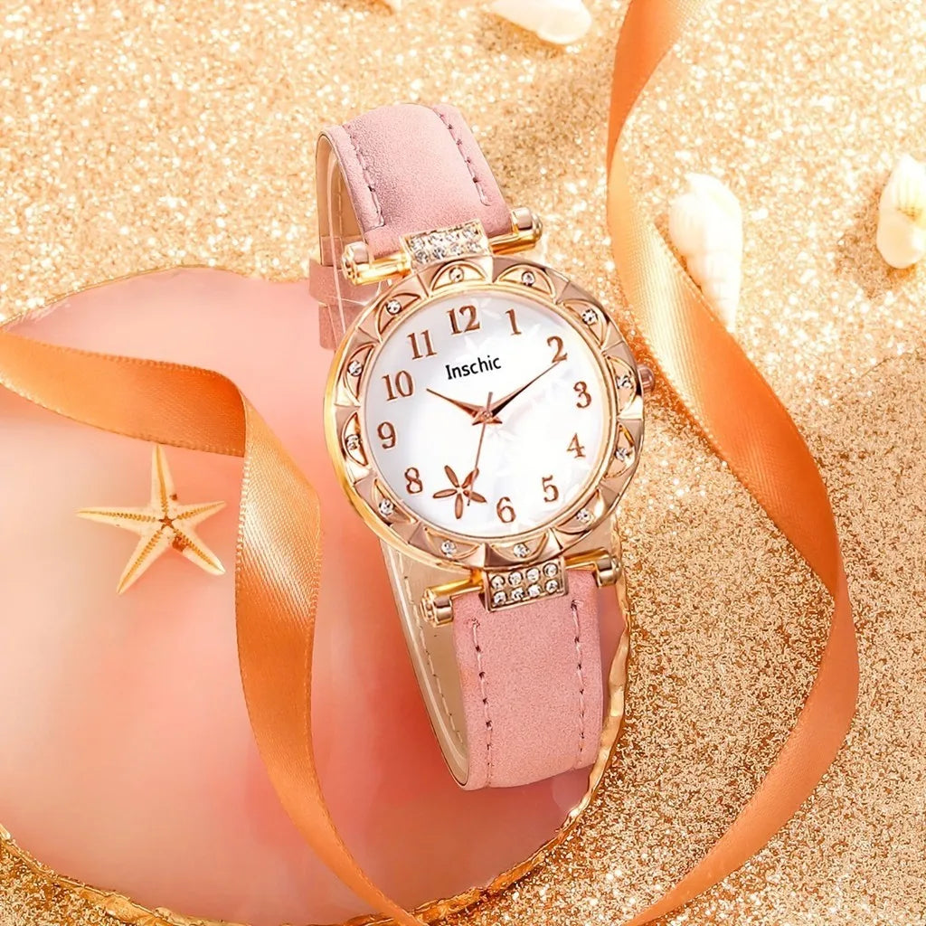 6pcs/set Women's Round Dial Watch Rhinestone Starfish Pattern Pink Belt Quartz Heart-shaped Jewelry Set