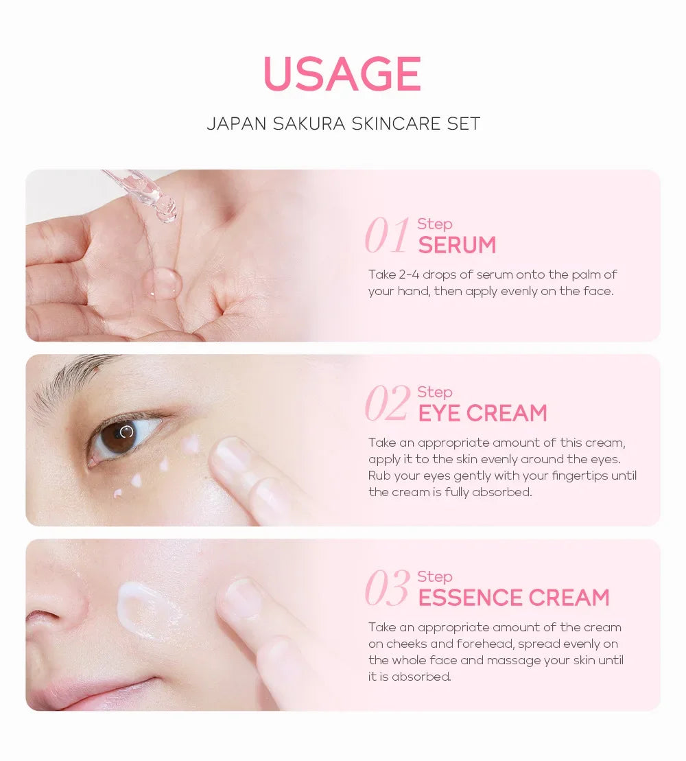 LAIKOU Cherry Blossom Skin Care Set 3-piece Essence Eye Cream Face Cream Skin Care Product Facial Products Kit Skincare Sets