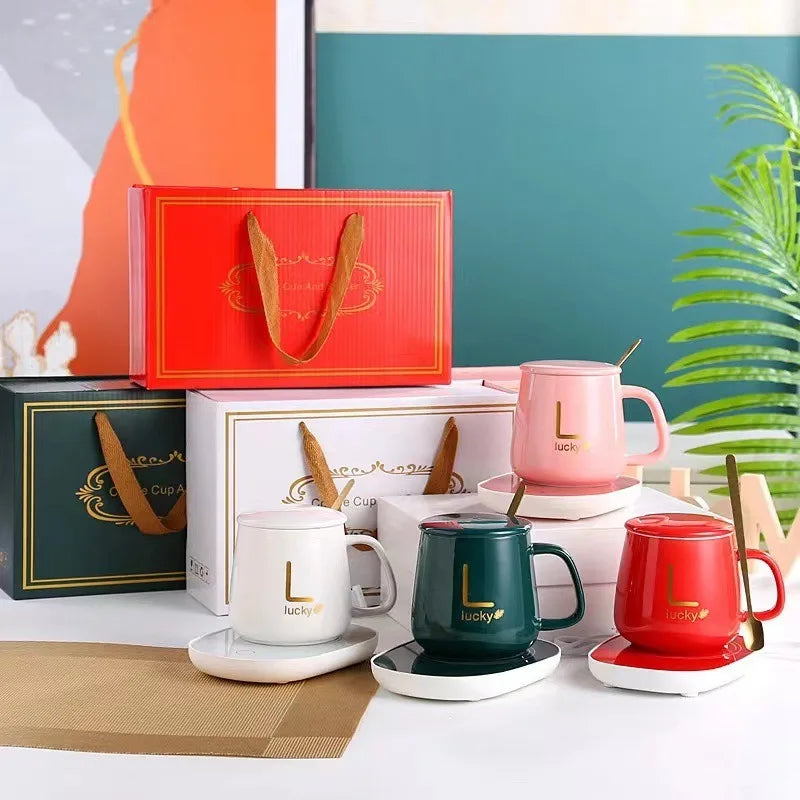 55 ℃ Thermostat Mugs Cup Ceramic Cup With Lid With Spoon Valentine's Day Gift Box Coffee Mug For Office Or Home Use Portable Mea