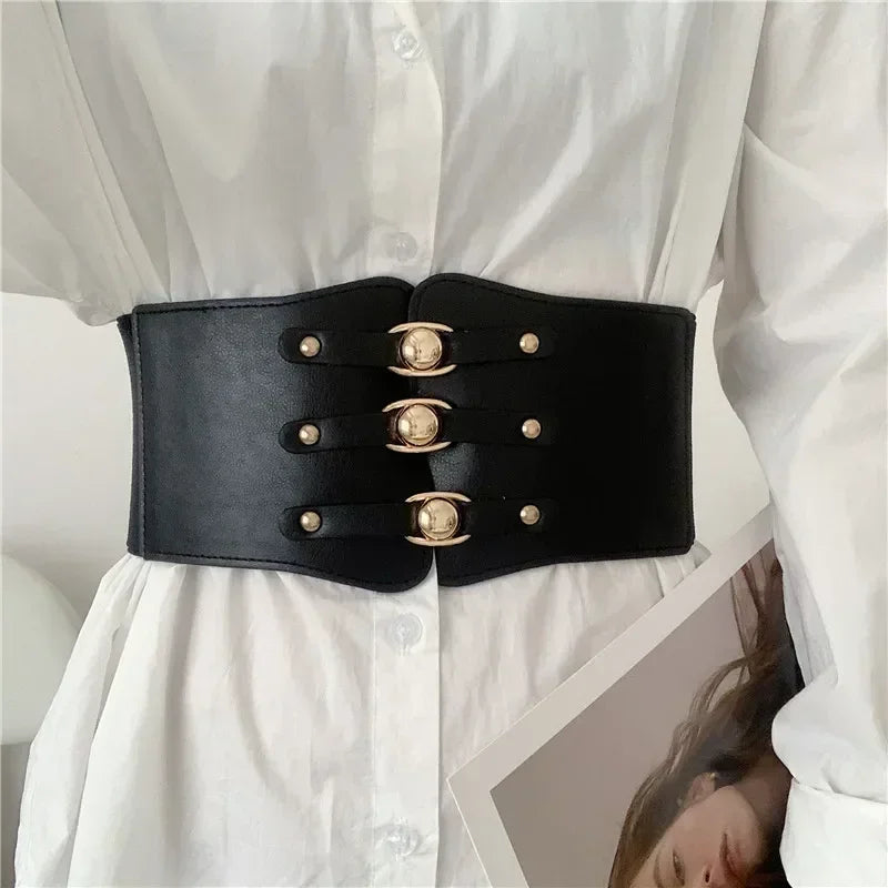 PU Leather Dress Skirt Waist Elastic Thin Belts Ladies Waistband Fashion Belts for Women Luxury Design Women Double Pearl Belt