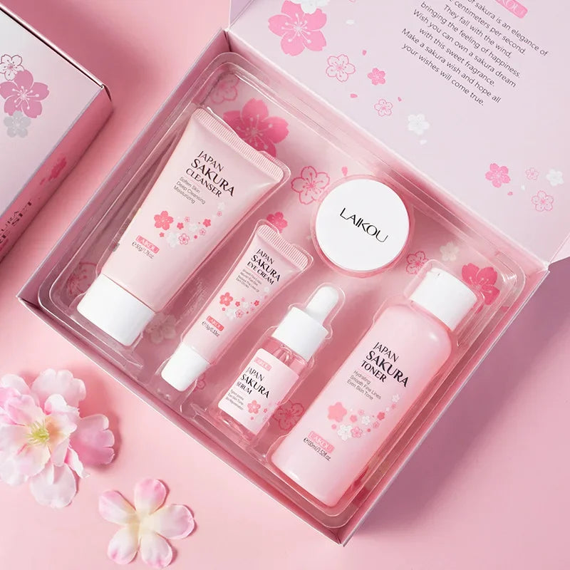 LAIKOU Sakura Kit Skin Care Sets Moisturizing and Reducing Fine Lines Cleansing Pore Product Korean Skincare Set 5-Piece
