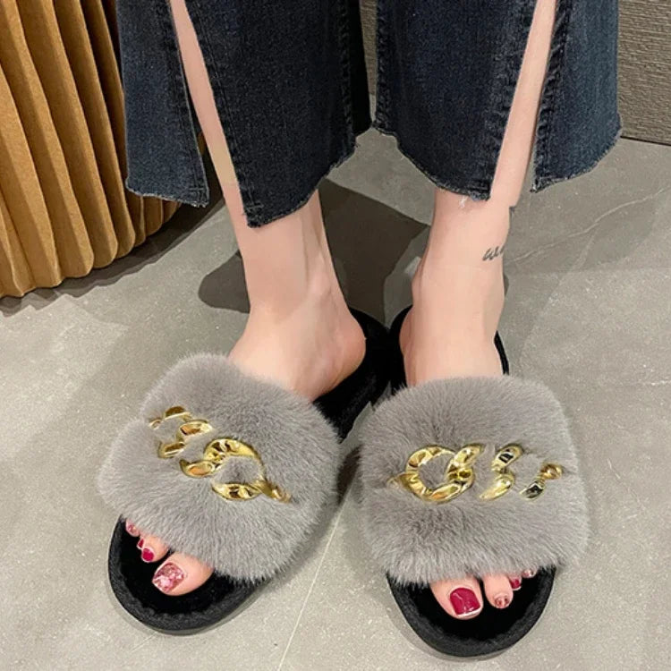 New autumn and winter metal chain hairy slippers fashionable and warm large fur flat heel cotton slippers