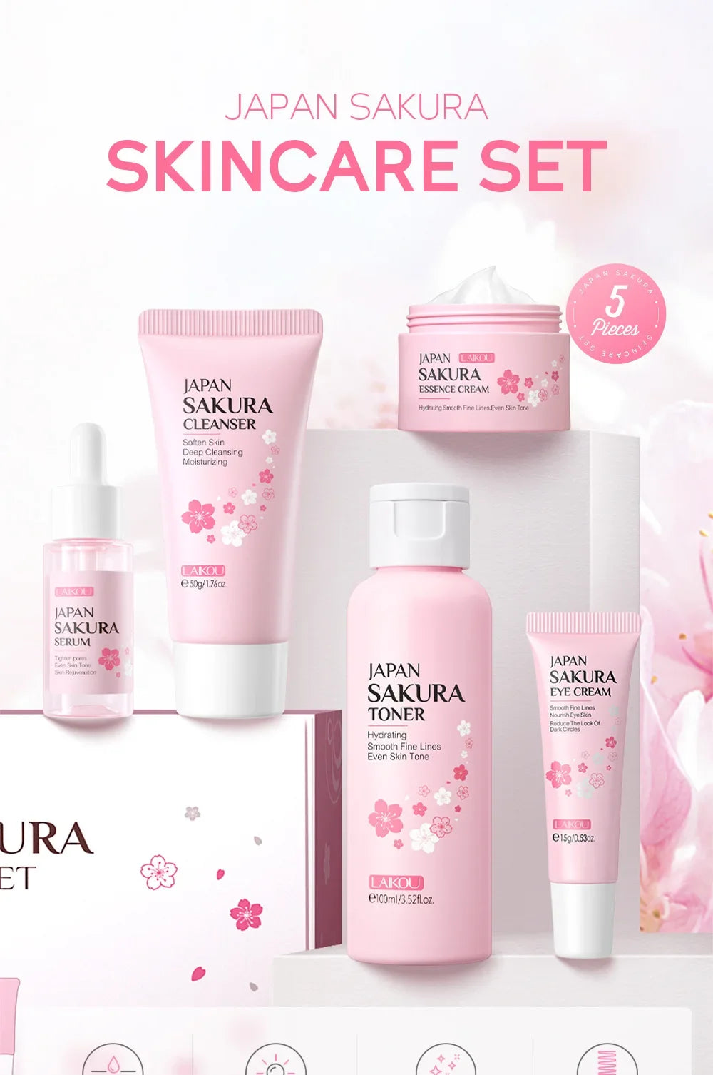 LAIKOU Sakura Kit Skin Care Sets Moisturizing and Reducing Fine Lines Cleansing Pore Product Korean Skincare Set 5-Piece