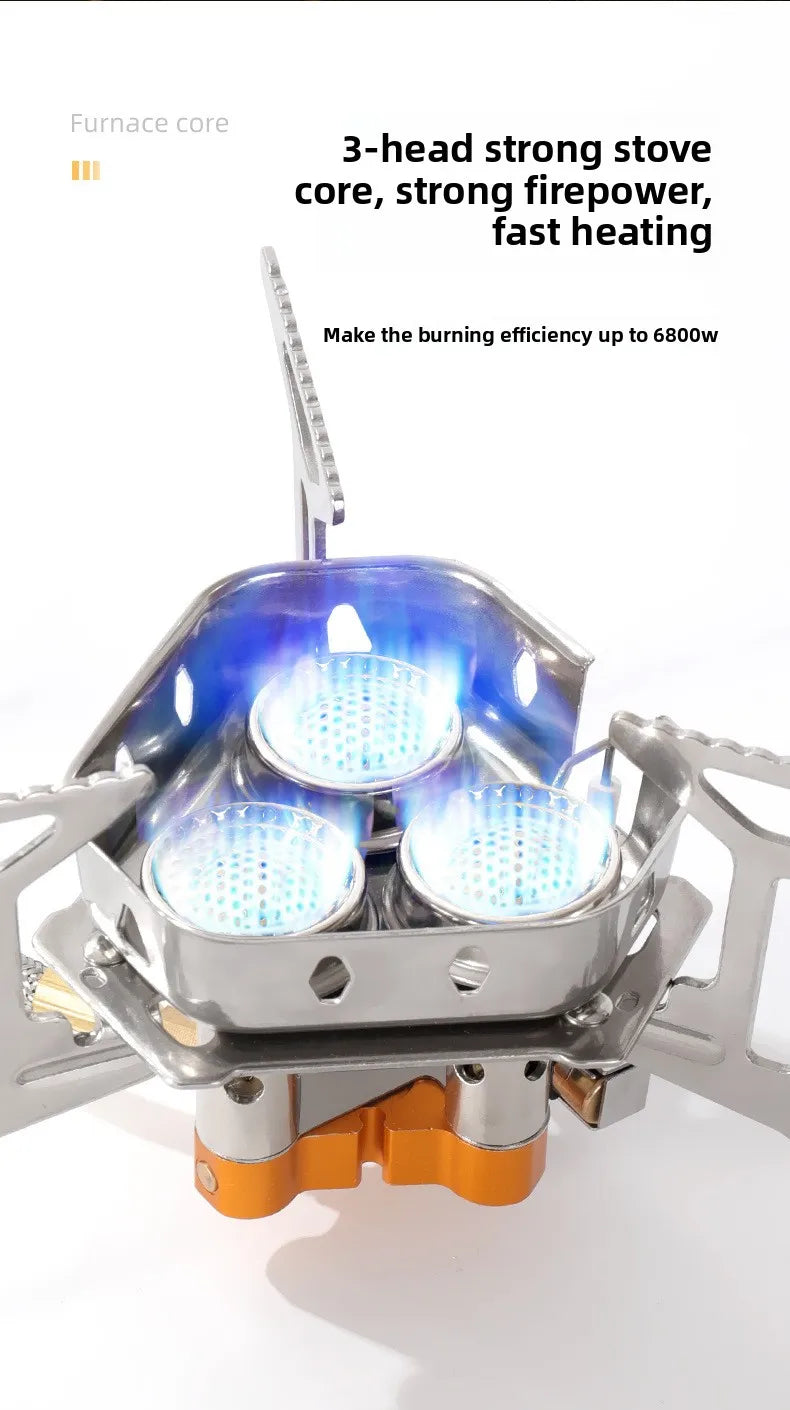 Outdoor three-head stove camping portable folding cassette stove mini gas camping windproof fierce fire stove