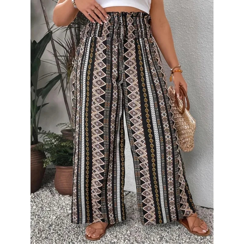 Plus Size Women's Fashionable Full Body Printed Wide Leg Pants