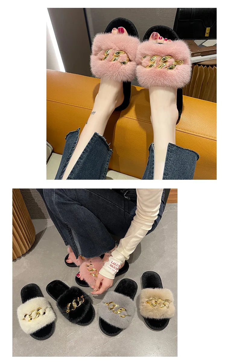 Autumn /winter Metal Chain Woolen Cotton Slippers Fashion Warm Women's Large Fur Flat Heel Straight Slippers Home Cotton Slipper