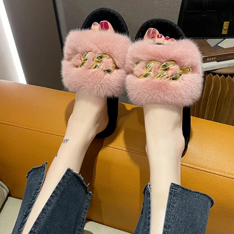 New autumn and winter metal chain hairy slippers fashionable and warm large fur flat heel cotton slippers