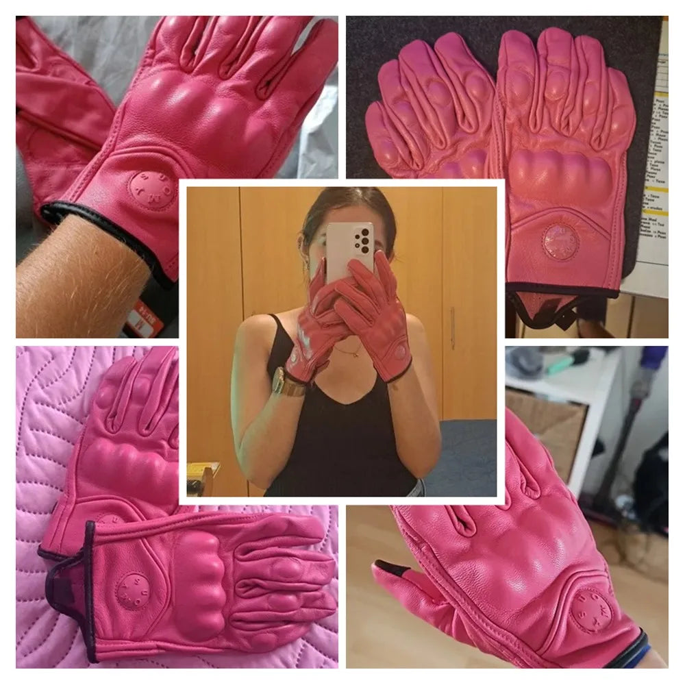 SUOMY Lady Pink Leather Motorcycle Gloves Genuine Leather Perforated Women Motorbike Riding Gloves Touch Screen Moto Guantes